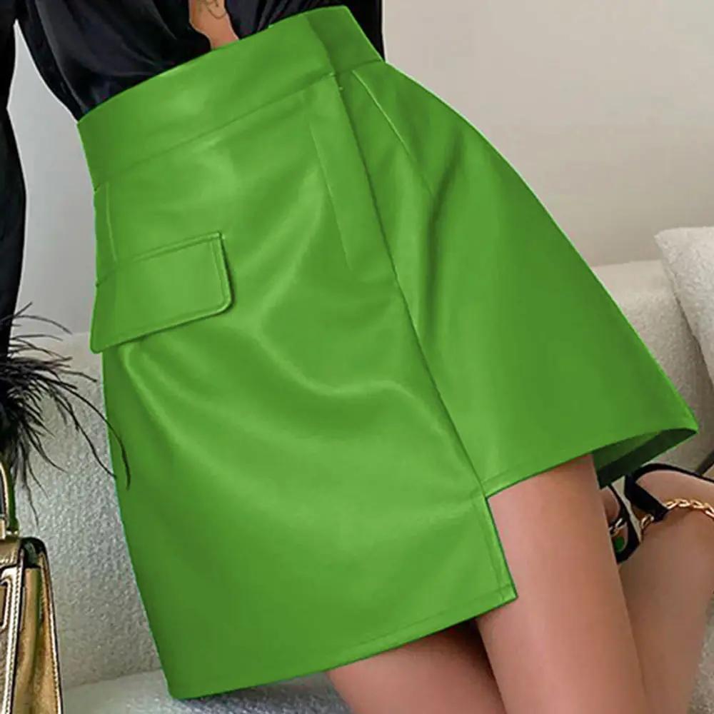 Asymmetrical High Waist Seamed Trim Vegan Leather Mini Skirt - Green  Fashionpara