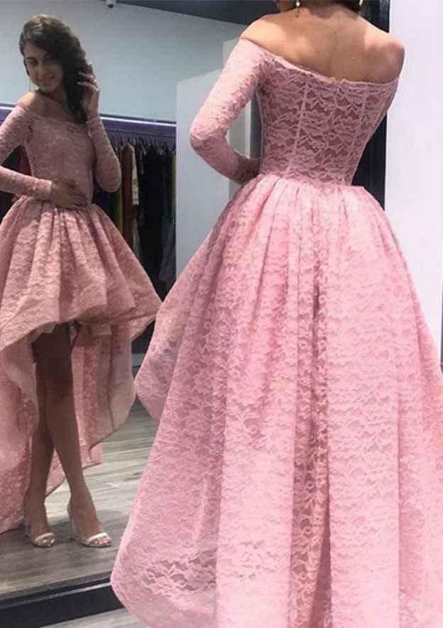 Asymmetrical Lace Prom Dress - Ball Gown Off-the-Shoulder Full/Long Sleeve - Fashionpara