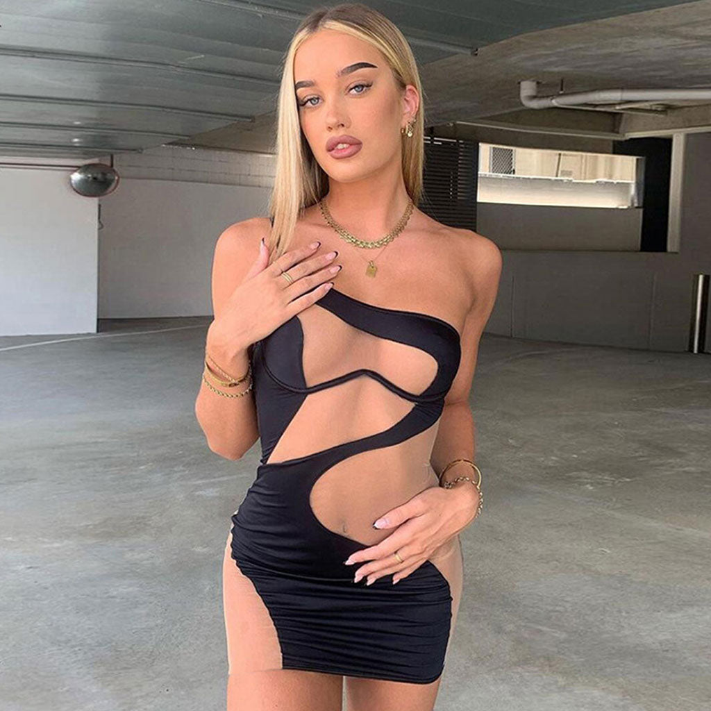 One Shoulder Cut Out Mesh Bodycon Mini Dress - View 3