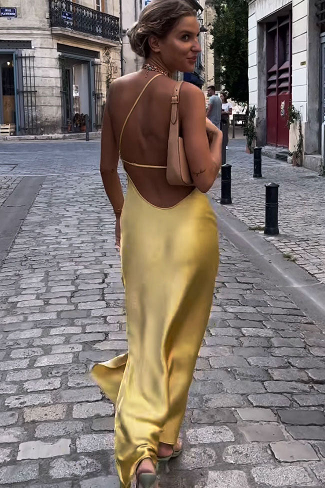 Asymmetrical One Shoulder Backless Satin Sleeveless Midi Dress - Muted Yellow  Fashionpara