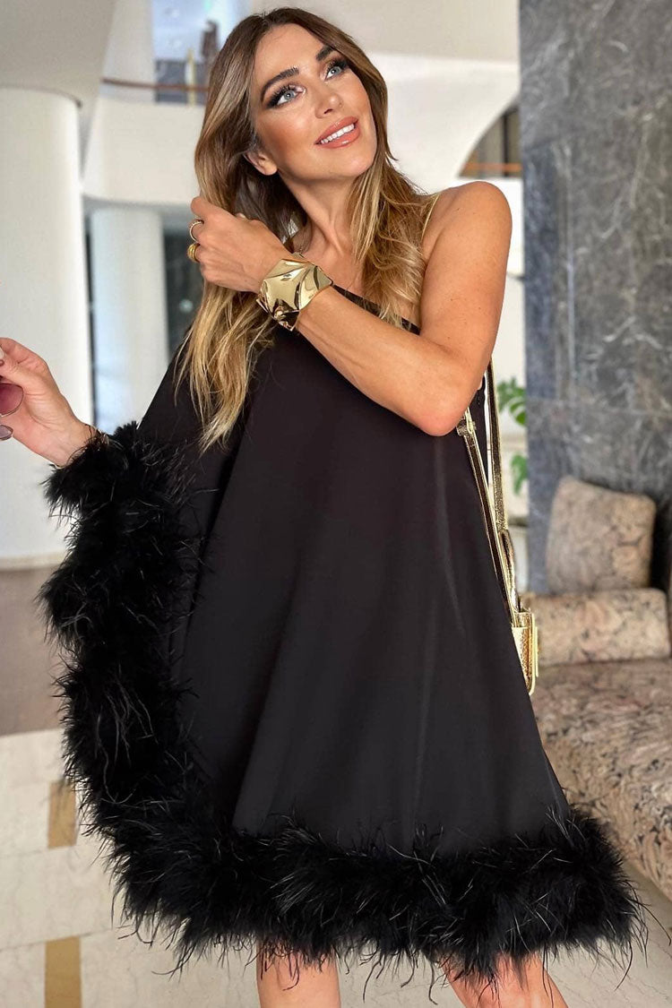 Asymmetrical One Shoulder Feather Trim A Line Party Mini Dress - Black - View 2