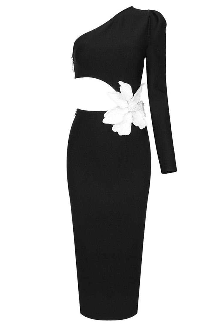 Asymmetrical One Shoulder Flower Applique Cutout Cocktail Party Midi Dress - Black - Fashionpara