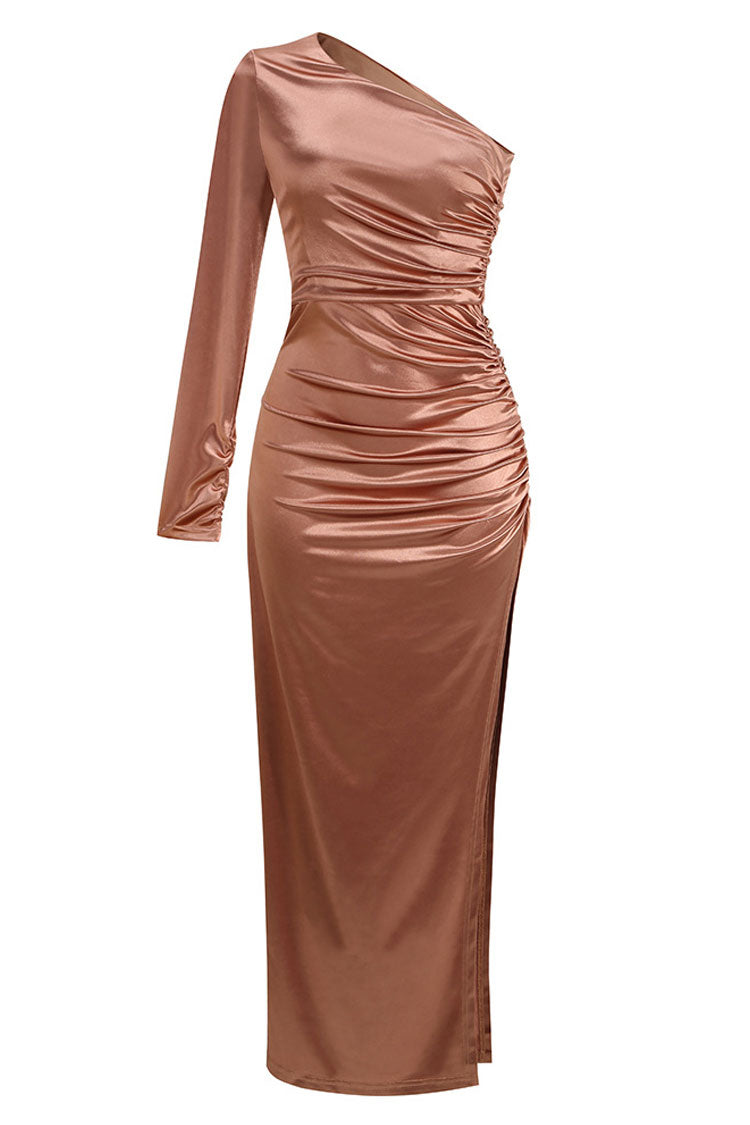 Asymmetrical One Shoulder Long Sleeve Ruched Split Evening Maxi Dress - Brown  Fashionpara
