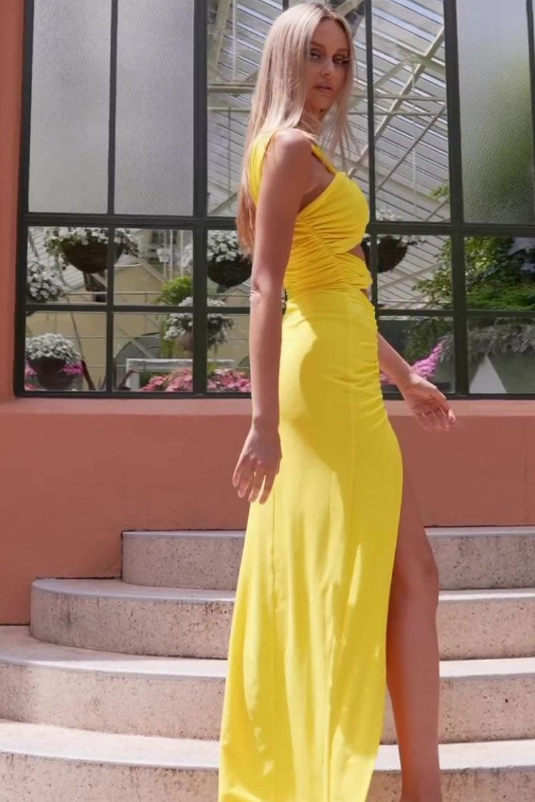 One Shoulder Twist Cut Out Ruched High Split Bodycon Maxi Dress - View 4