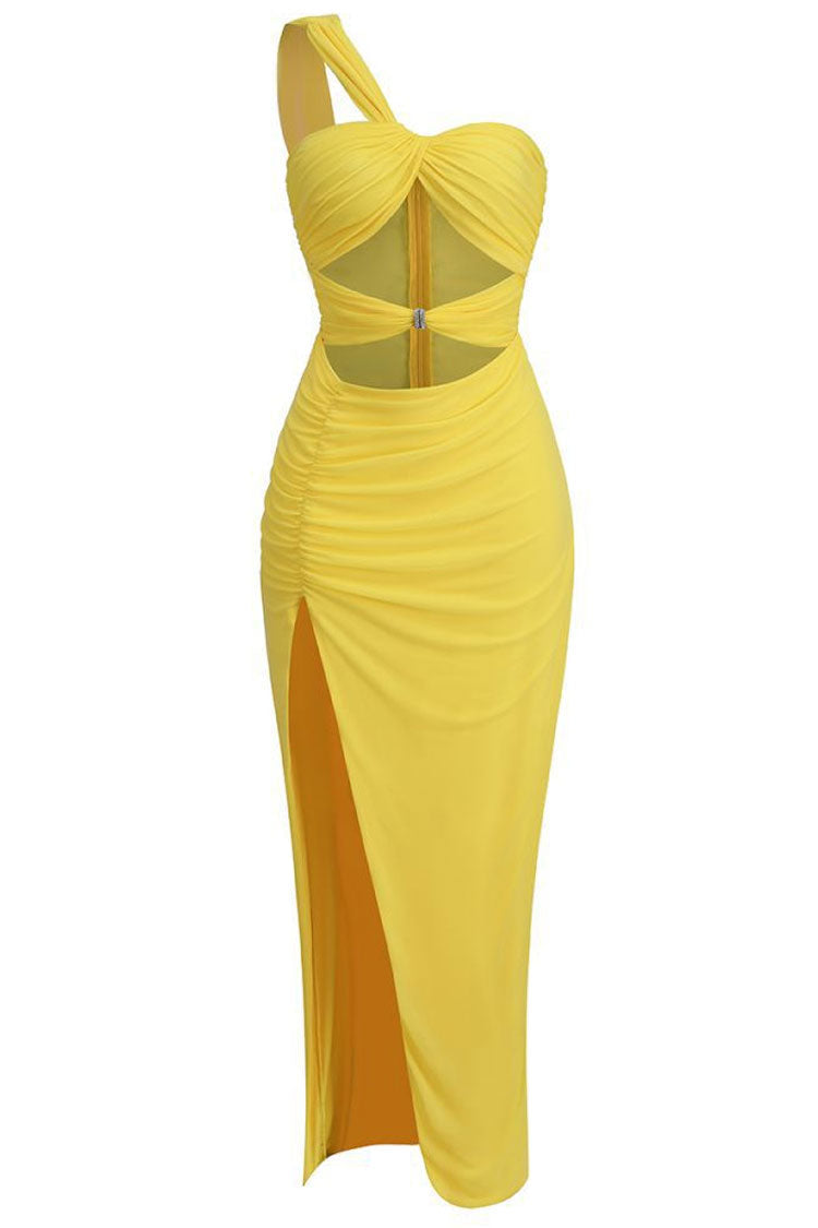 One Shoulder Twist Cut Out Ruched High Split Bodycon Maxi Dress - View 6