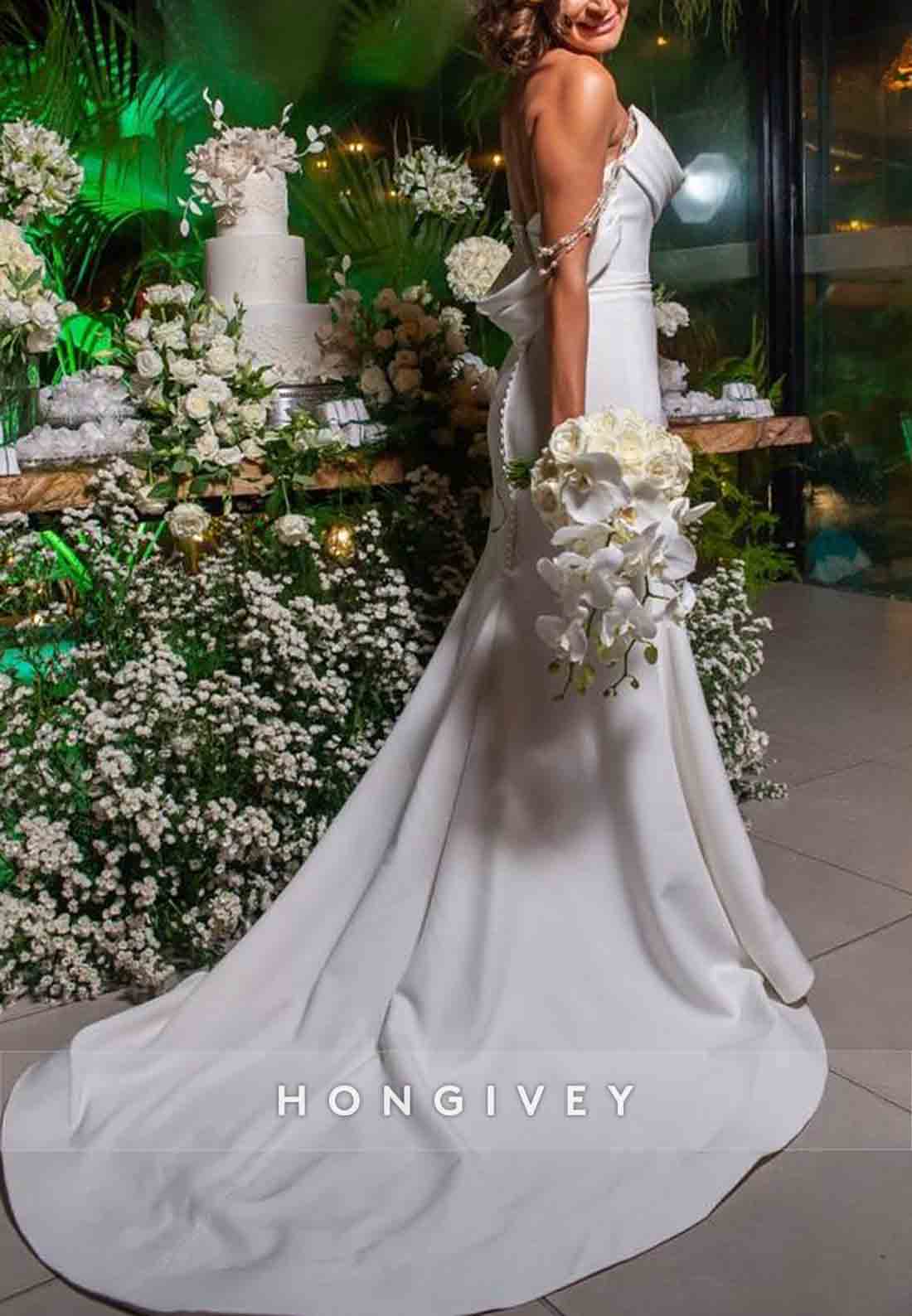 Pleated Pearls Strapless Low Back Ruched Court Train Wedding Dresses