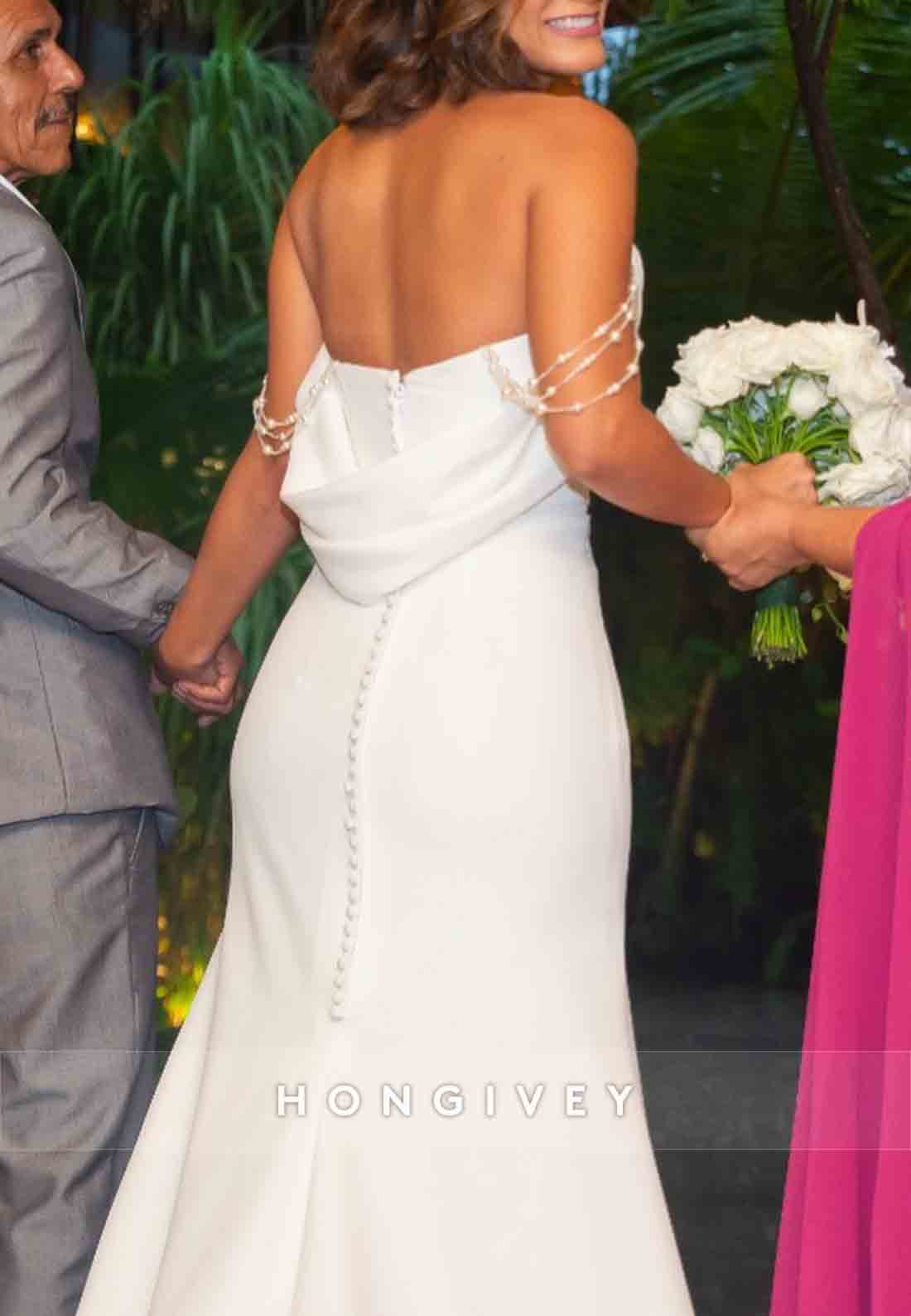 Pleated Pearls Strapless Low Back Ruched Court Train Wedding Dresses