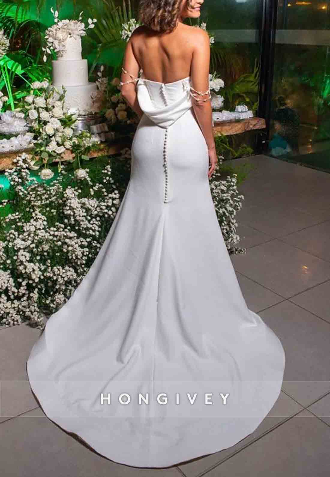 Pleated Pearls Strapless Low Back Ruched Court Train Wedding Dresses