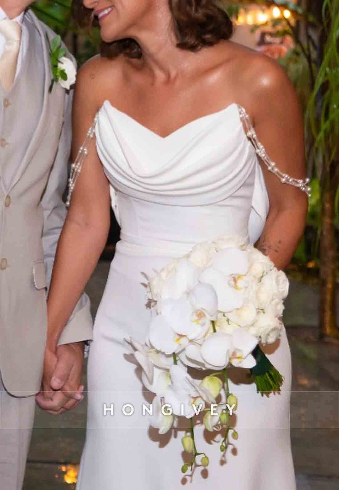 Pleated Pearls Strapless Low Back Ruched Court Train Wedding Dresses