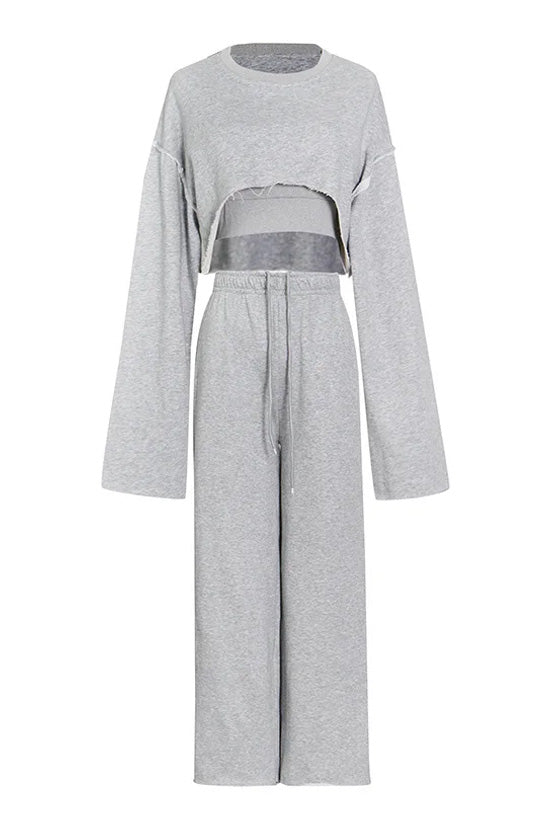 Athflow Frayed Inside Out Crop Sweatshirt Bra Top Three Piece Sweatsuits - Fashionpara