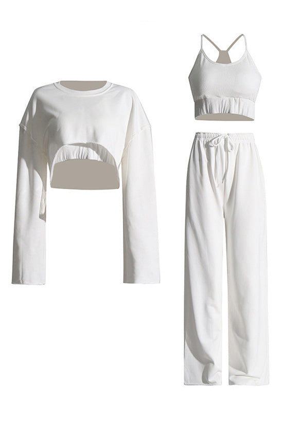 Athflow Frayed Inside Out Crop Sweatshirt Bra Top Three Piece Sweatsuits - Fashionpara