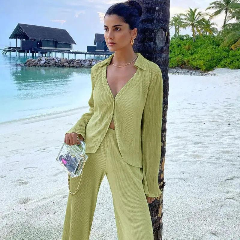 Athflow Shirred Blouse Wide Leg Pant Matching Set - Sage Green  Fashionpara