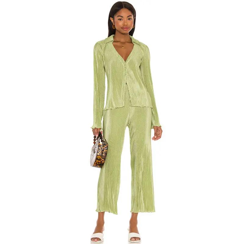 Athflow Shirred Blouse Wide Leg Pant Matching Set - Sage Green  Fashionpara