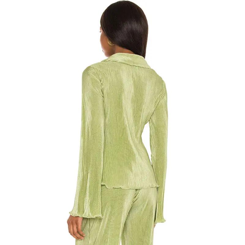 Athflow Shirred Blouse Wide Leg Pant Matching Set - Sage Green  Fashionpara