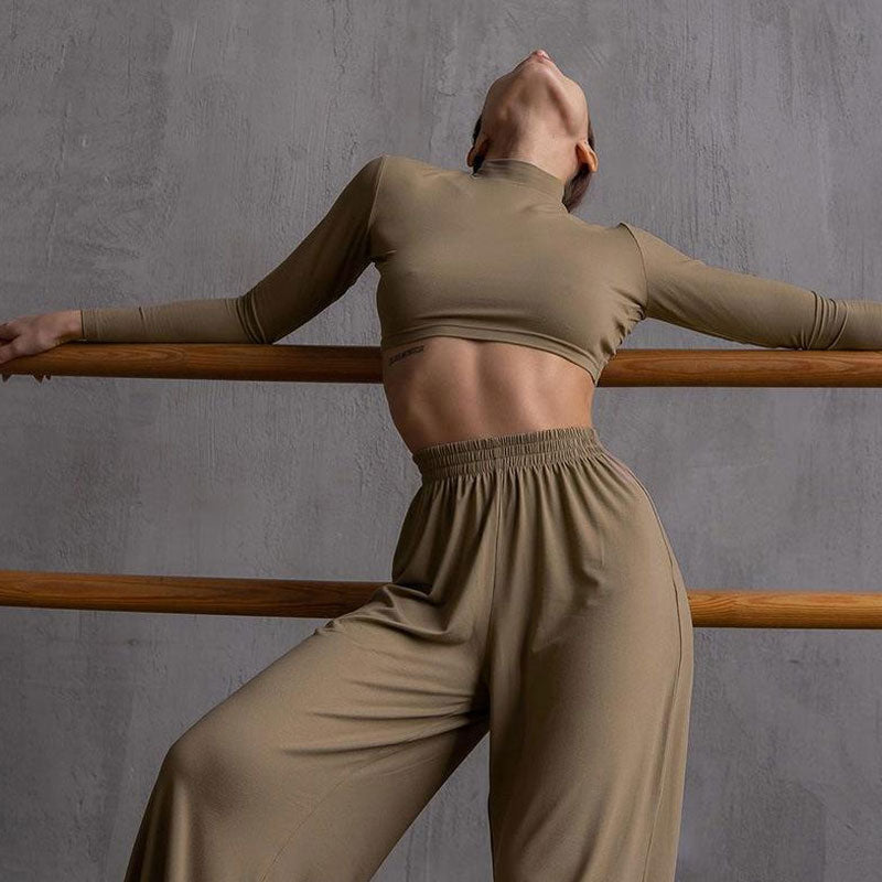 Athleisure Solid Long Sleeve Crop Top Wide Leg Pants Matching Set - Khaki - Fashionpara