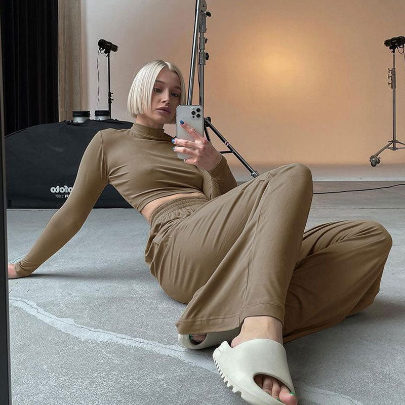 Athleisure Solid Long Sleeve Crop Top Wide Leg Pants Matching Set - Khaki - Fashionpara