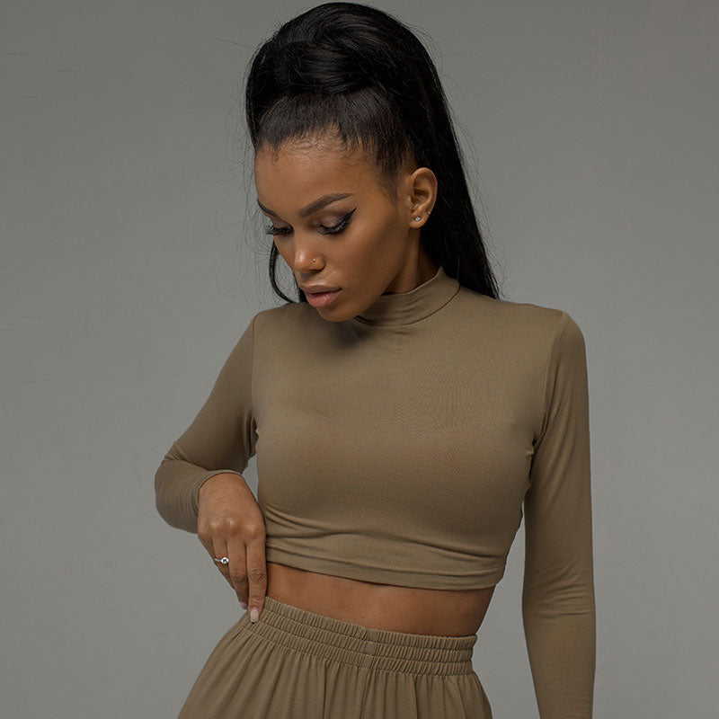 Athleisure Solid Long Sleeve Crop Top Wide Leg Pants Matching Set - Khaki - Fashionpara