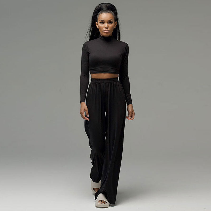 Athleisure Solid Long Sleeve Crop Top Wide Leg Pants Matching Set - Black - Fashionpara