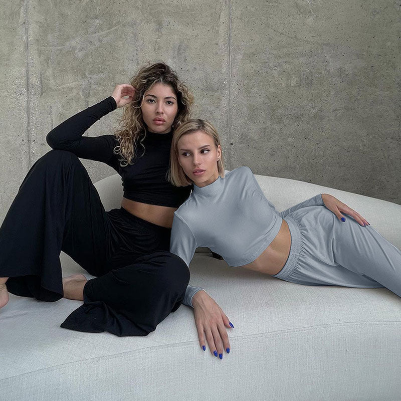 Athleisure Solid Long Sleeve Crop Top Wide Leg Pants Matching Set - Black - Fashionpara