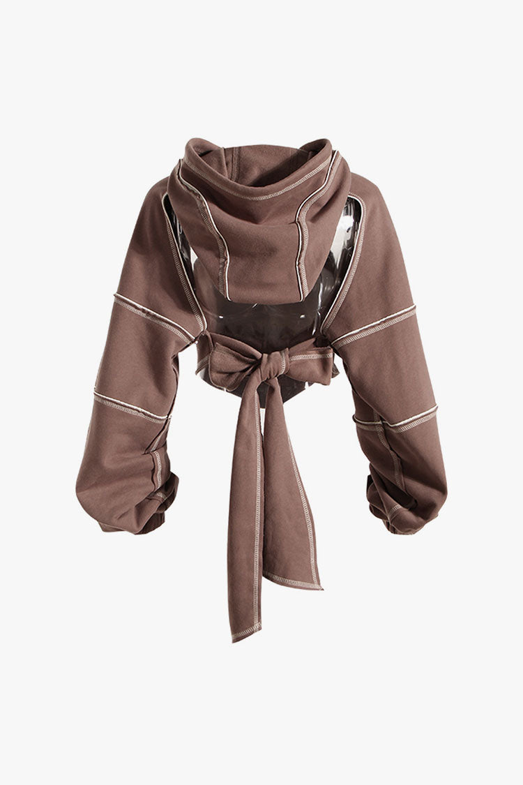 Athletic Contrast Stitch Blouson Sleeve Bow Tie Oversized Crop Cutout Hoodie