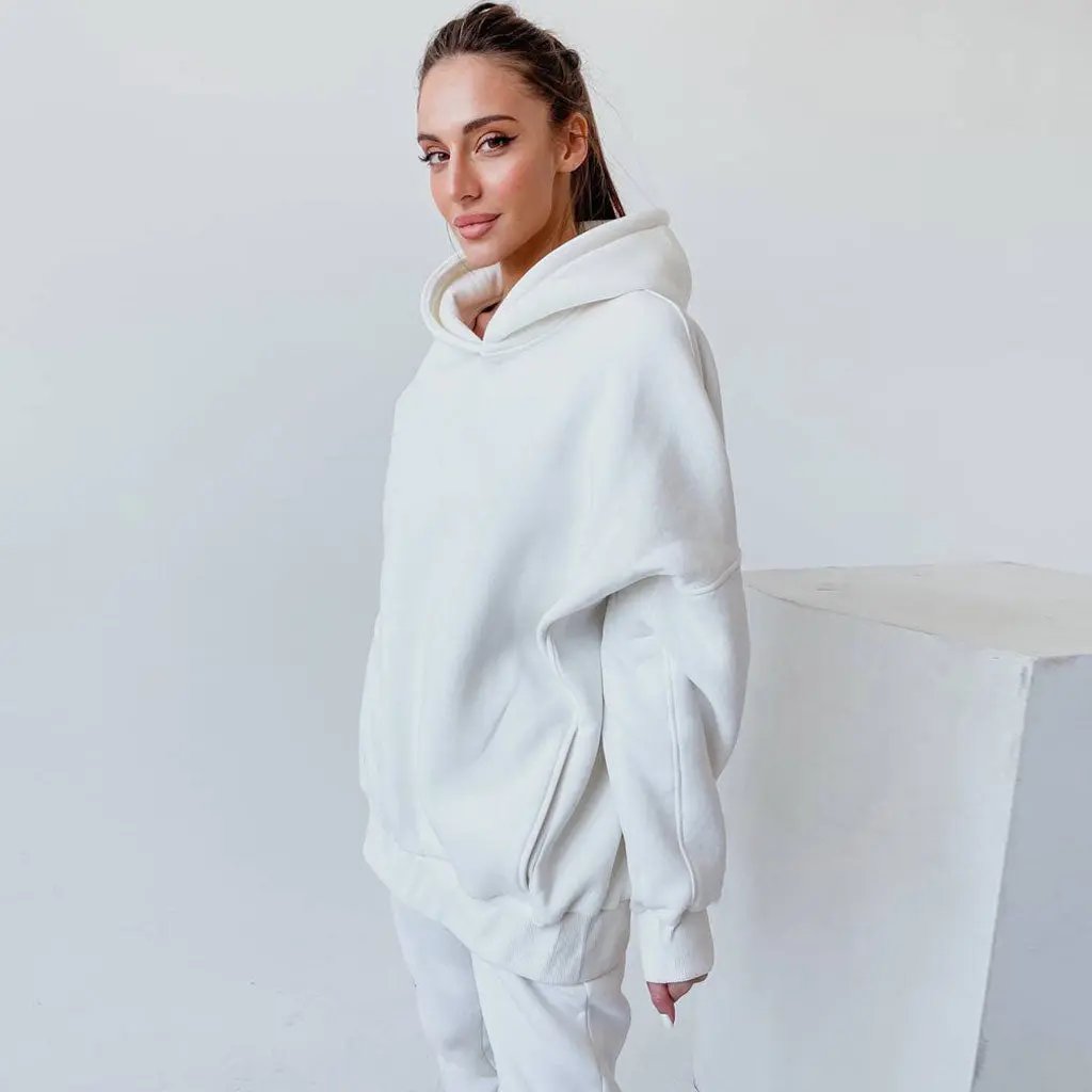 Athletic Drop Shoulder Long Sleeve Hoodie Matching Set - White  Fashionpara