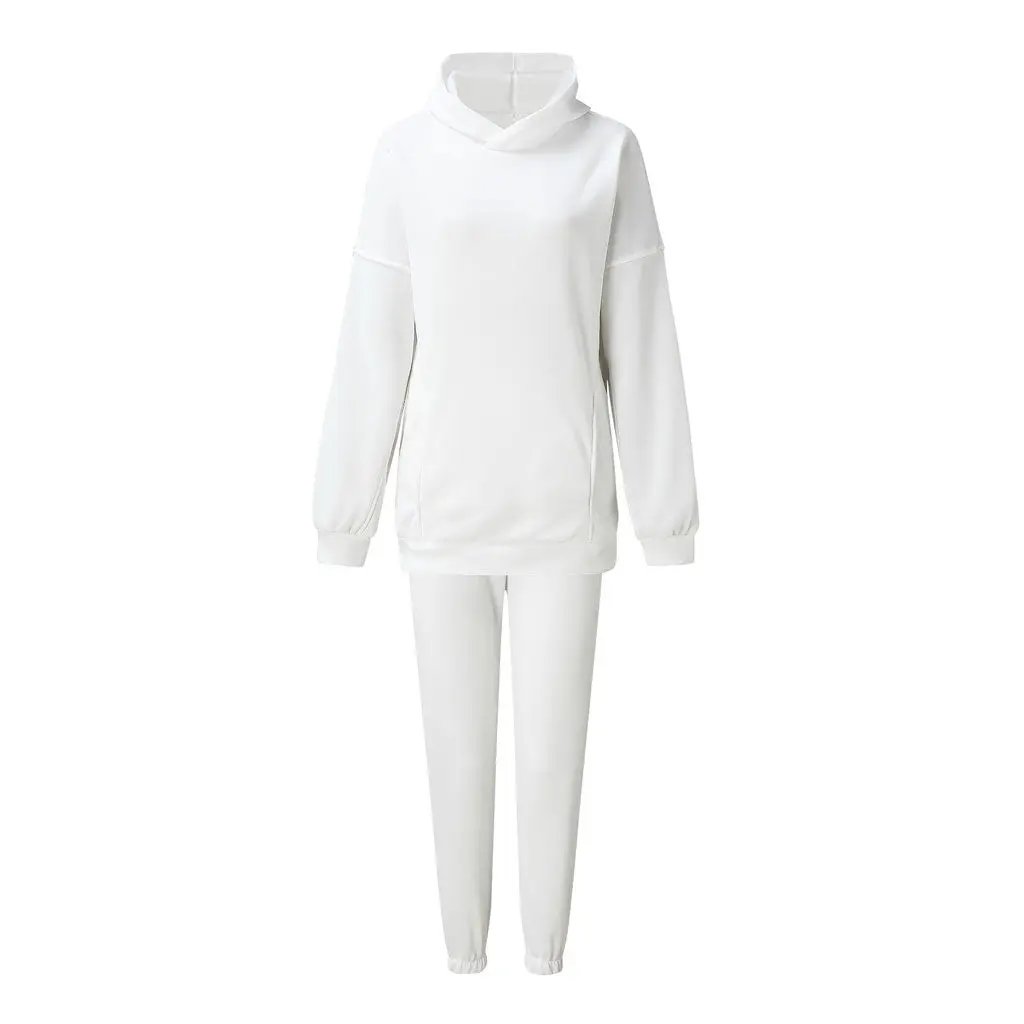 Athletic Drop Shoulder Long Sleeve Hoodie Matching Set - White  Fashionpara