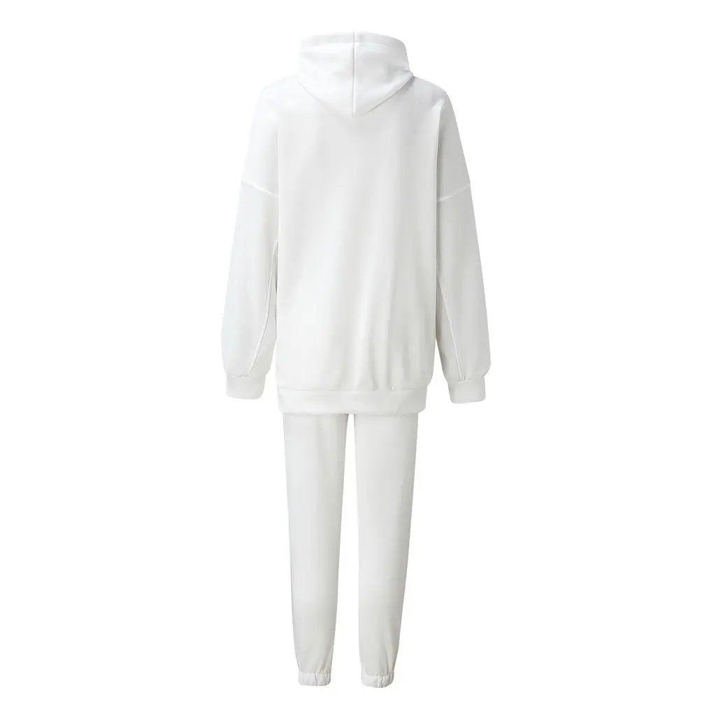 Athletic Drop Shoulder Long Sleeve Hoodie Matching Set - White  Fashionpara