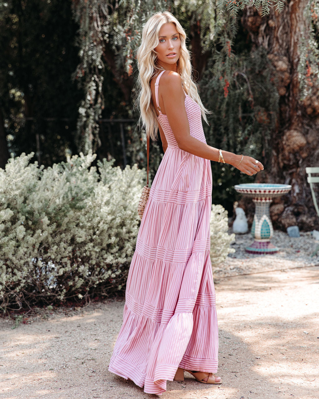 Striped Smocked Square Neck Tiered Maxi Dress