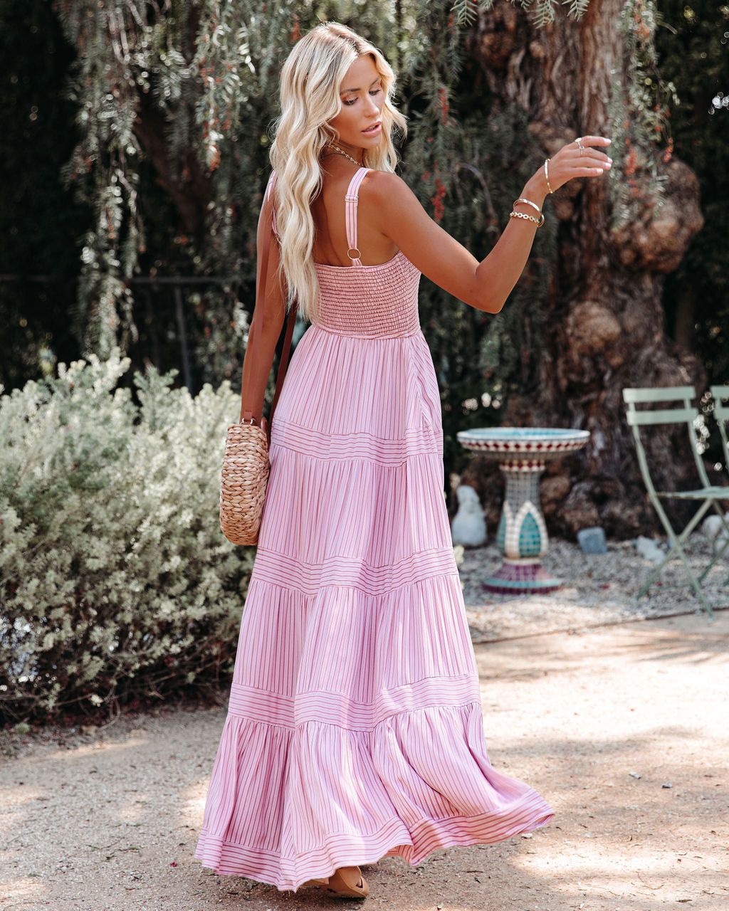 Striped Smocked Square Neck Tiered Maxi Dress