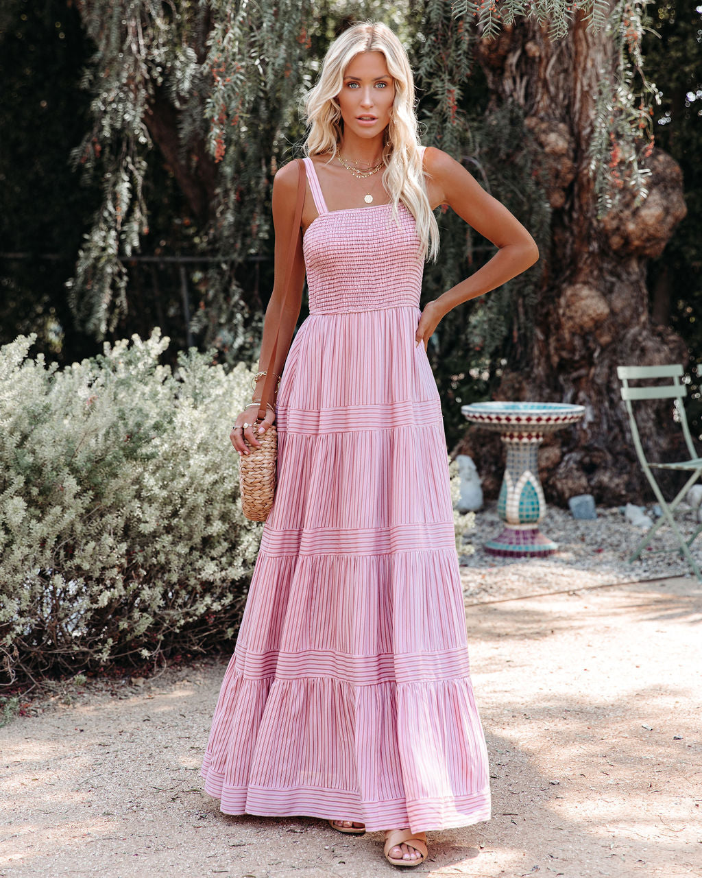 Striped Smocked Square Neck Tiered Maxi Dress