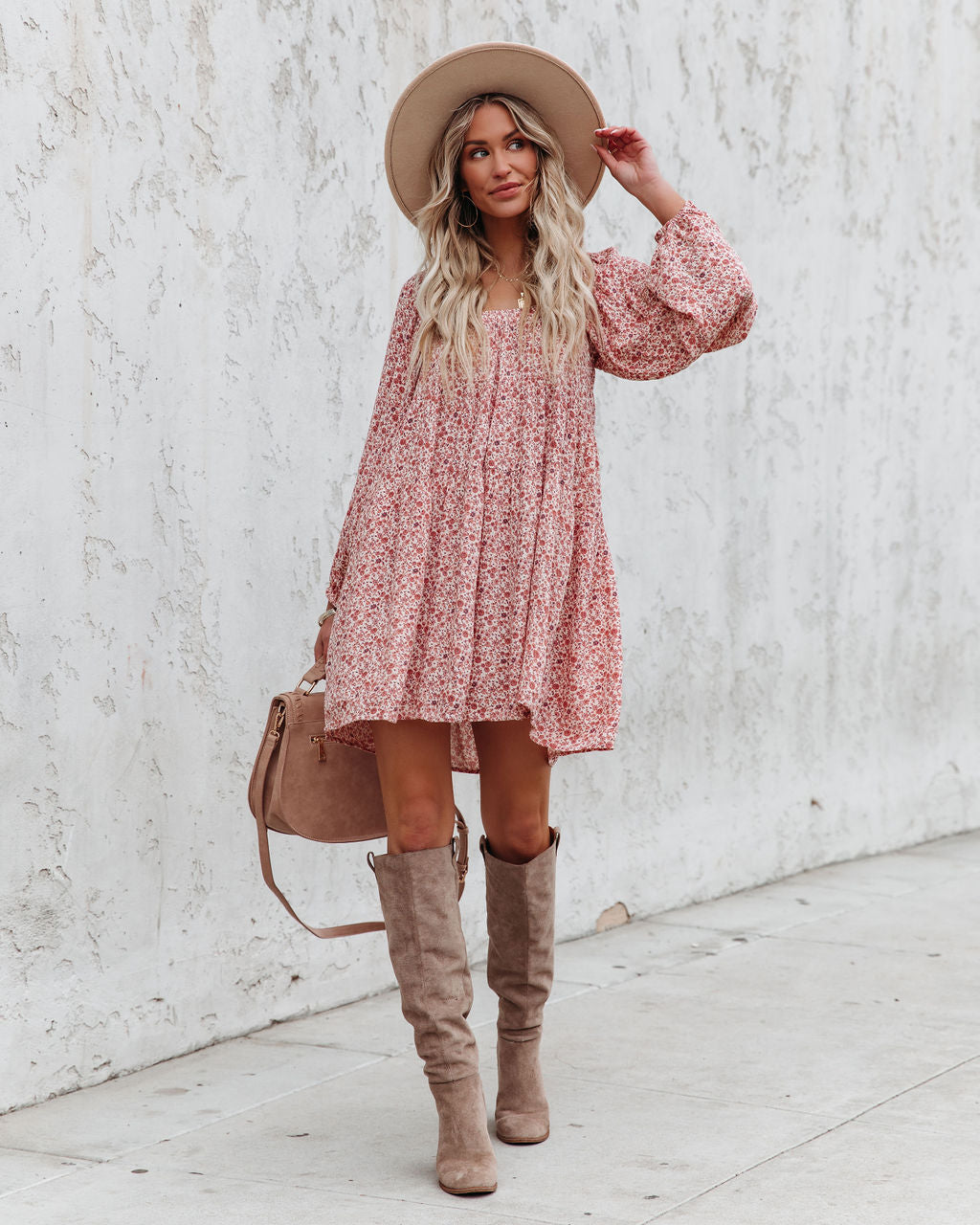 Floral Print Square Neck Puff Sleeve Tiered Mini Dress