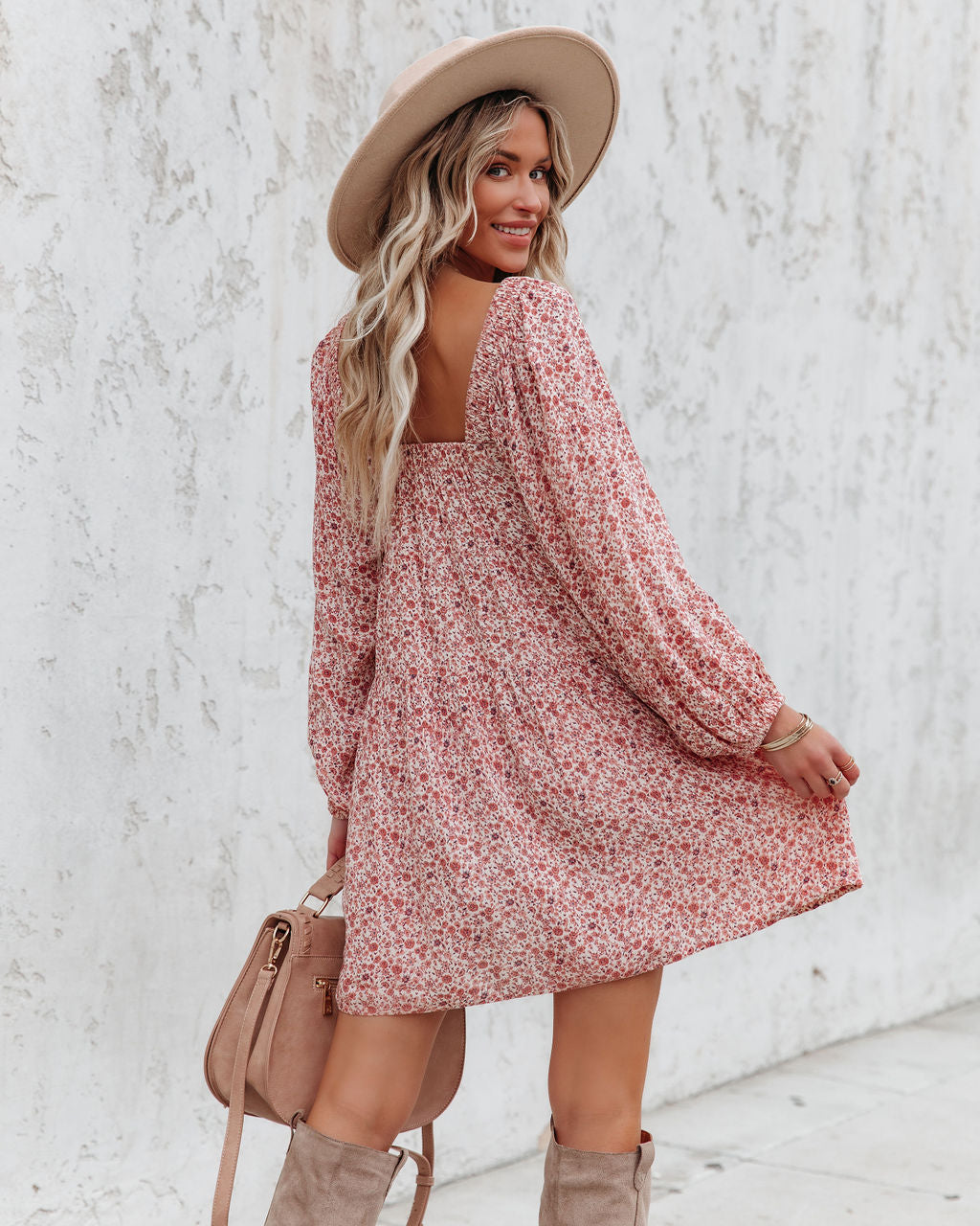 Floral Print Square Neck Puff Sleeve Tiered Mini Dress