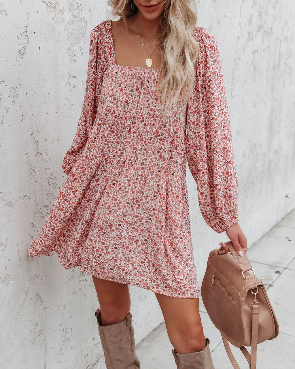 Floral Print Square Neck Puff Sleeve Tiered Mini Dress