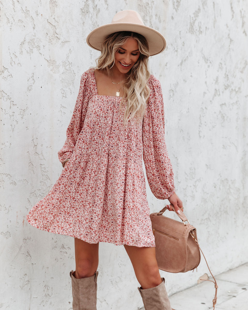 Floral Print Square Neck Puff Sleeve Tiered Mini Dress