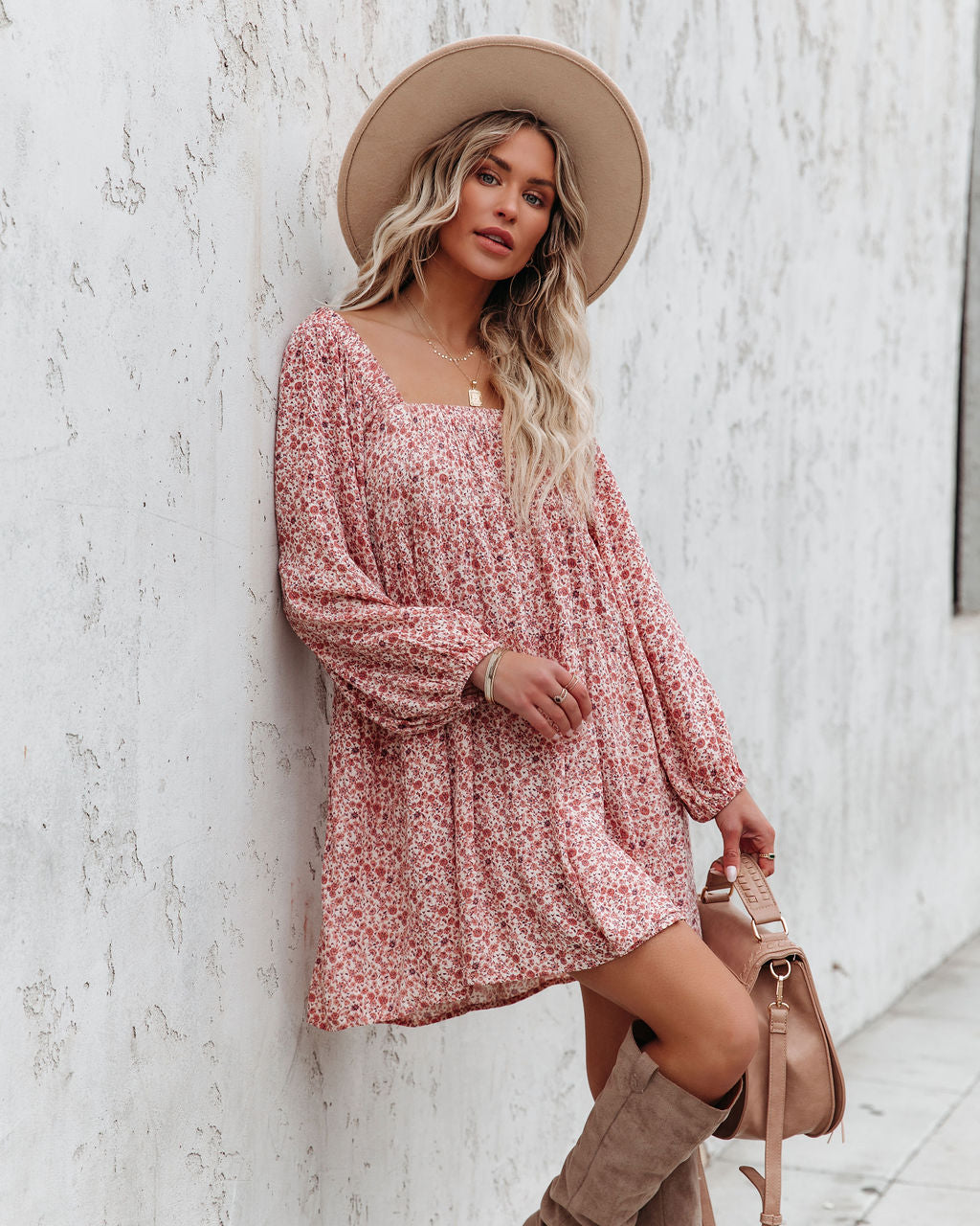 Floral Print Square Neck Puff Sleeve Tiered Mini Dress