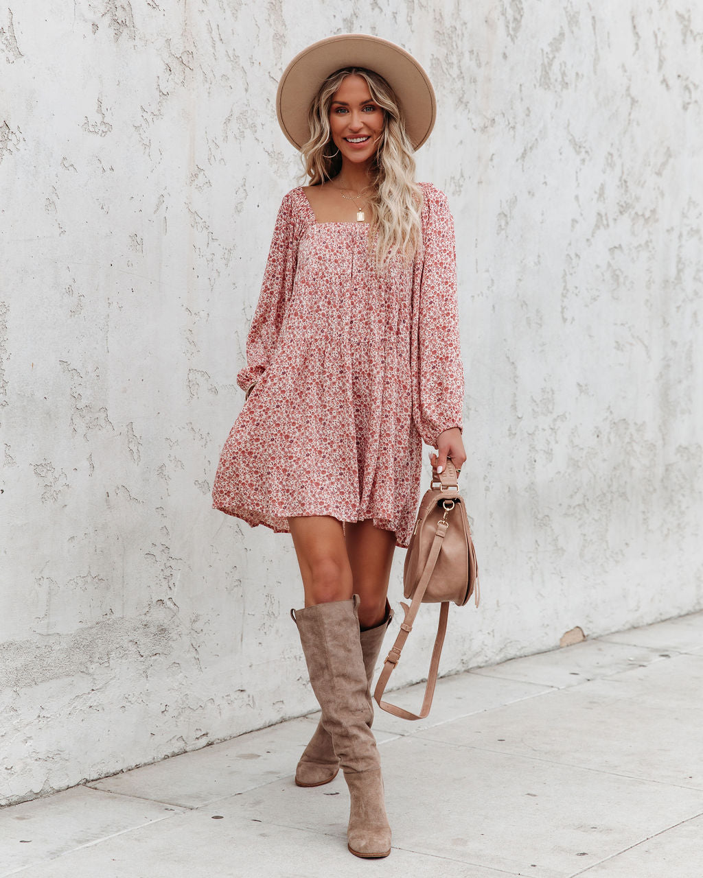 Floral Print Square Neck Puff Sleeve Tiered Mini Dress