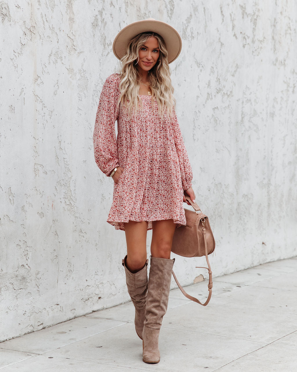 Floral Print Square Neck Puff Sleeve Tiered Mini Dress