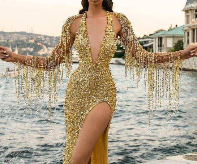 Sequin Halter Plunge Tassel Mermaid Gown