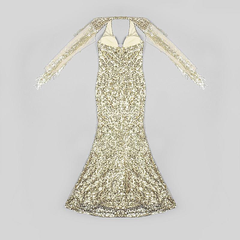 Sequin Halter Plunge Tassel Mermaid Gown