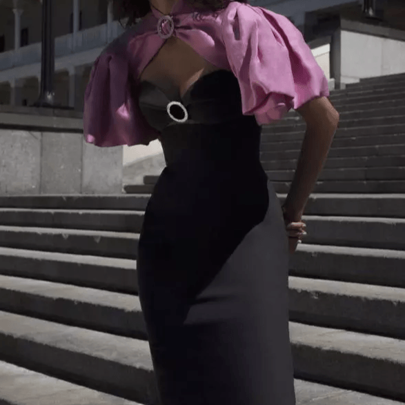 Contrast Puff Sleeve Cutout Maxi Dress