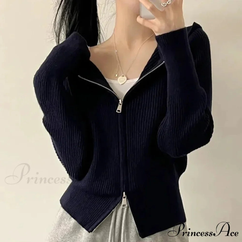 Autumn Winter Long Sleeve Short Loose Solid Knitted Zipper Cardigan 7