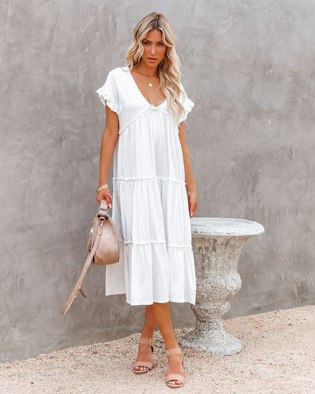 Avalon Cotton Ruffle Tiered Midi Dress - White - Fashionpara