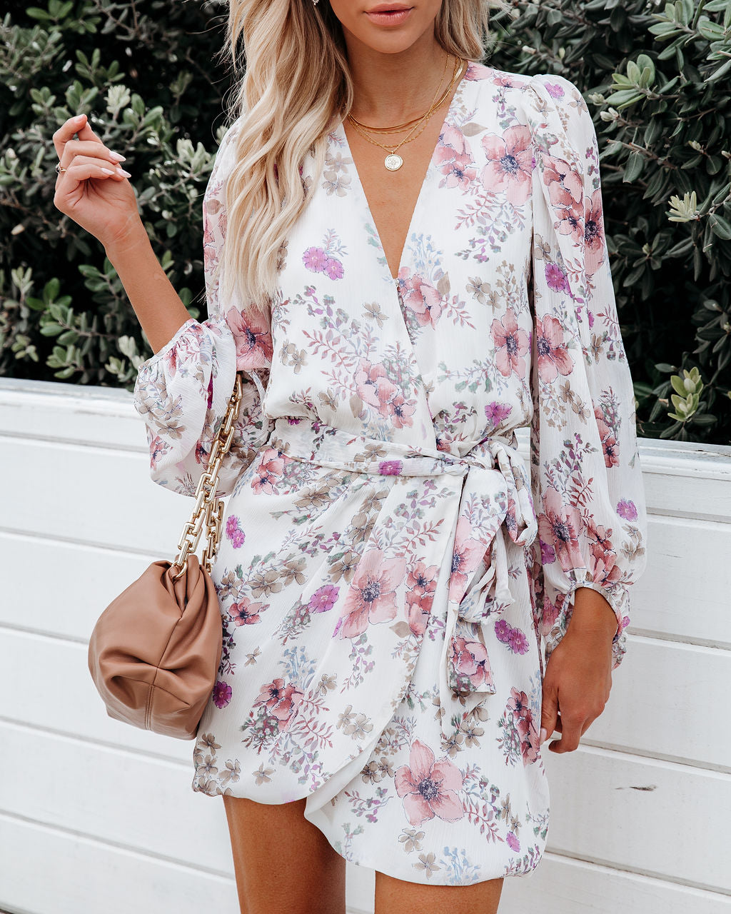 Floral Print V-Neck Puff Sleeve Wrap Mini Dress