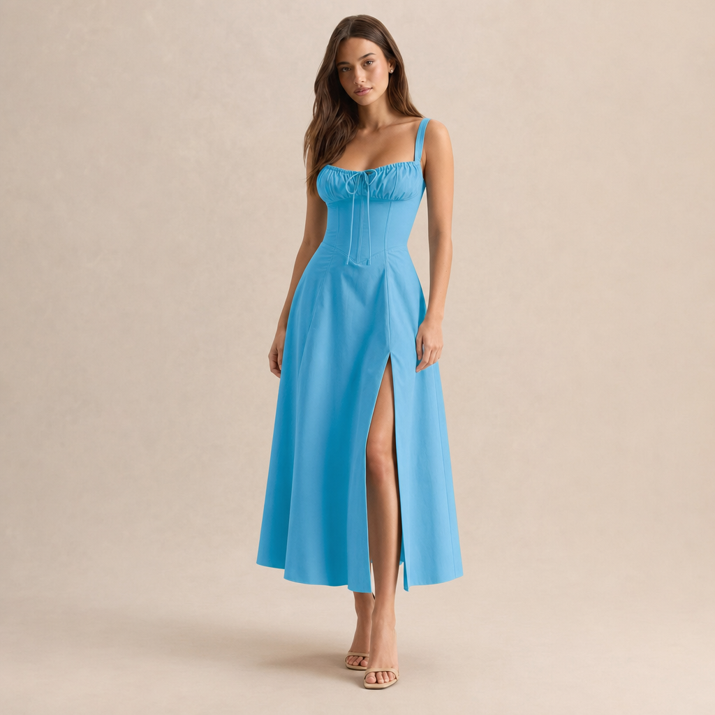 Sweetheart Neck Corset Bodice High Split Maxi Dress 13