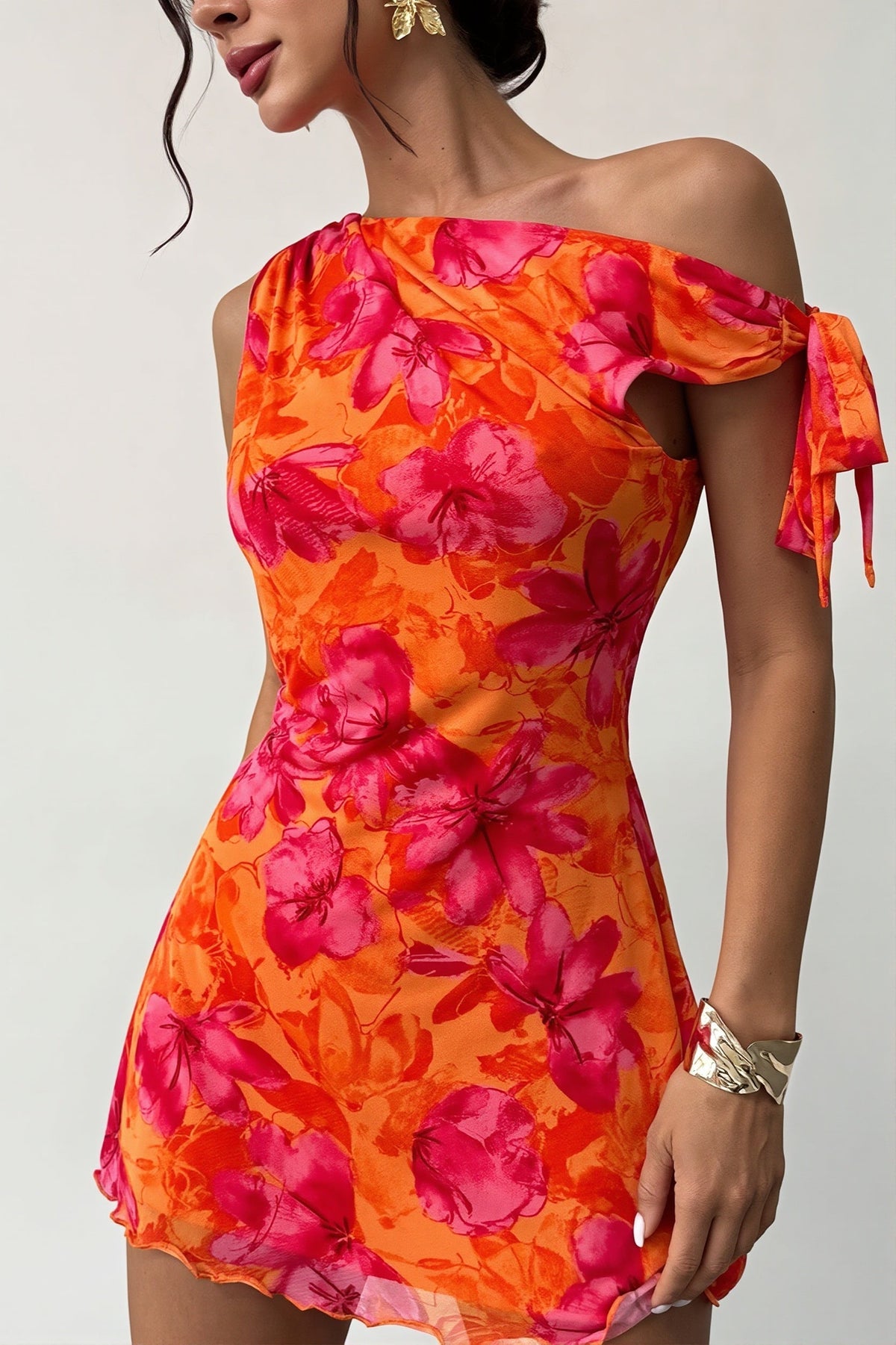 Floral One Shoulder Tie Front Draped Mini Dress