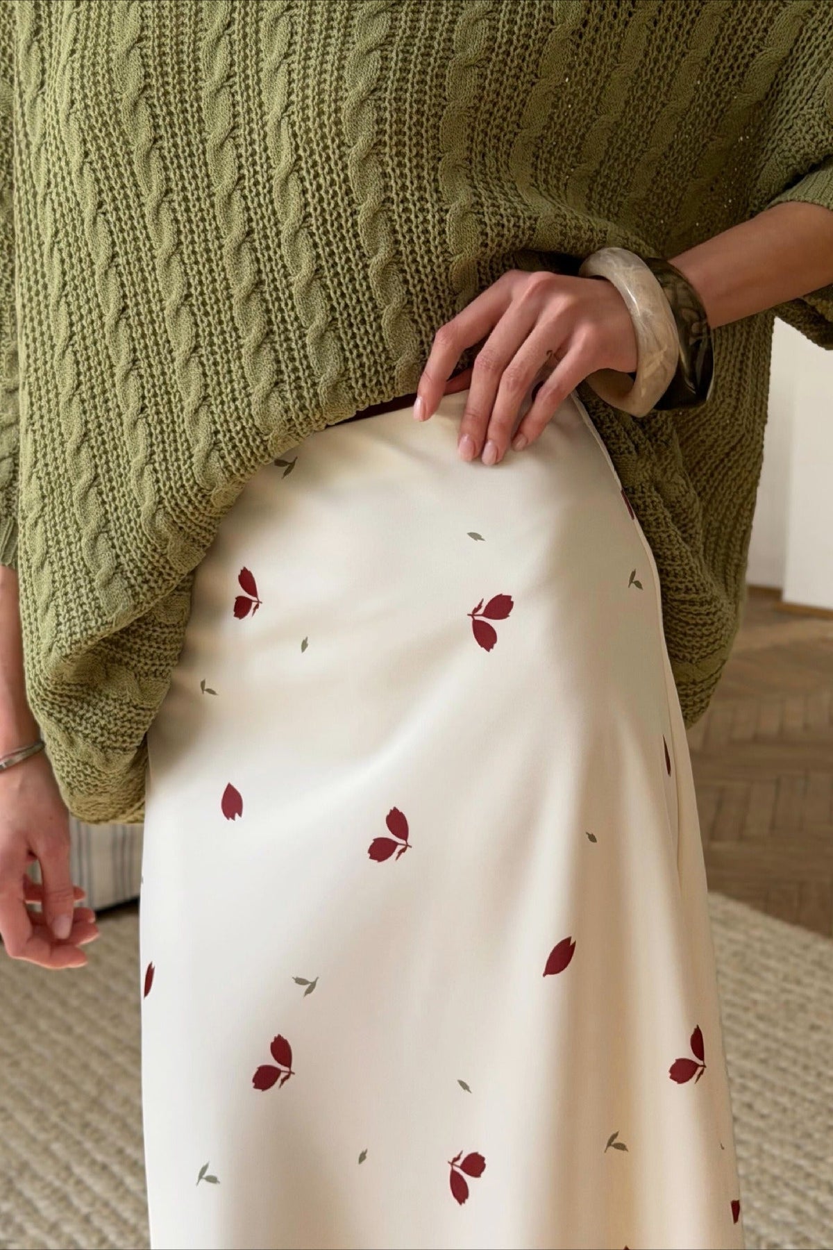 Floral Print Satin A-Line Midi Skirt