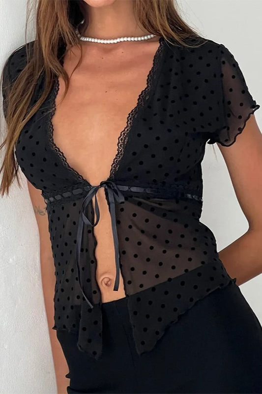 Polka Dot Loose Fit Short Sleeve Crop Top - Fashionpara