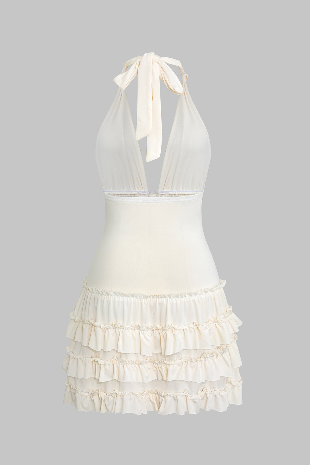 V-Neck Halter Neck Backless Knotted Shirred Sleeveless Mini Dress