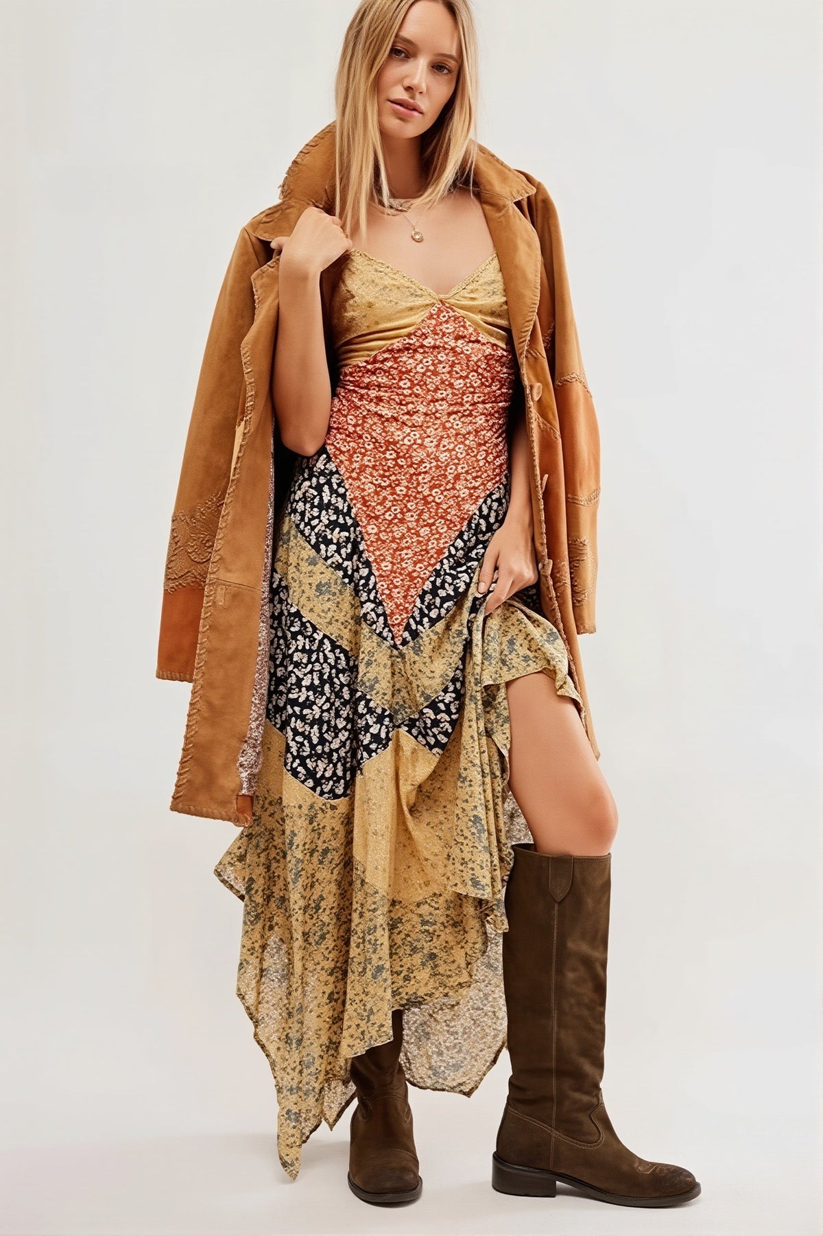 Floral Patchwork V-Neck Handkerchief Hem Slip Midi Dress