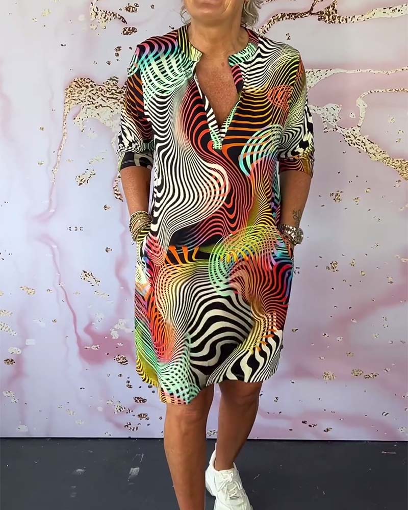 Standing Collar Split Neck 3/4 Sleeve Shift Mini Dress - View 4